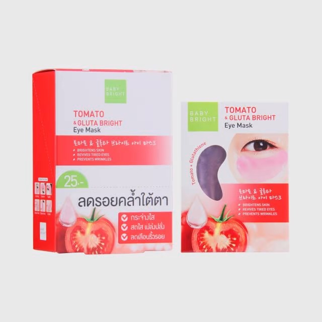 Tomato & gluta Eye mask  มาร์คใต้ตาลดรอยคล้ำใต้ตา ลดเลือนริ้วรอย ทำให้ใต้ตาเปร่ง ปรั่งดูมีน้ำมีนวลดุจไข่มุก 1 กล่องมี 6 คู่ ปริมาณ 2.5g