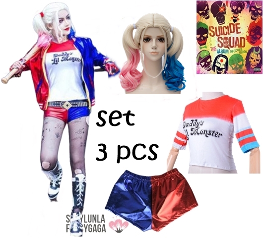 ++พร้อมส่ง++(เซ็ท3ชิ้น)เสื้อ+กางเกง+วิก Harley Quinn แห่งทีม Suicide Squad แฟน Joker ชุดฮาร์ลีย์ ควินน์เสื้อ+กางเกง+วิกผม ฮารีย์ ควินท์