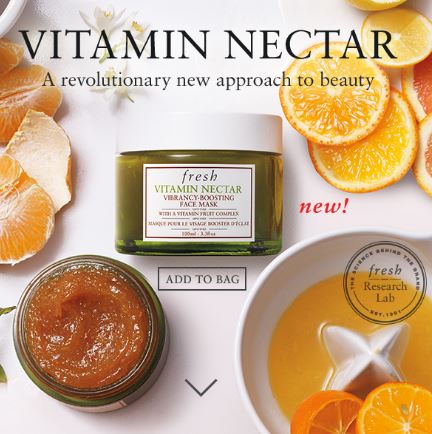 Fresh Vitamin Nectar Vibrancy-Boosting Face Mask 100ml. มาส์กที่สรรค์สร้างด้วยนวัตกรรมใหม่ที่จะช่วยฟื้นฟูสภาพผิว ลดสัญญาณความเหนื่อยล้า และเผยผิวใหม่ด้วย Vitamin Nectar ที่มีส่วนประกอบจากเนื้อผลไม้แท้ๆ ถึง 50% อาทิ เนื้อส้ม มะนาว และส้มคลีเมนไ