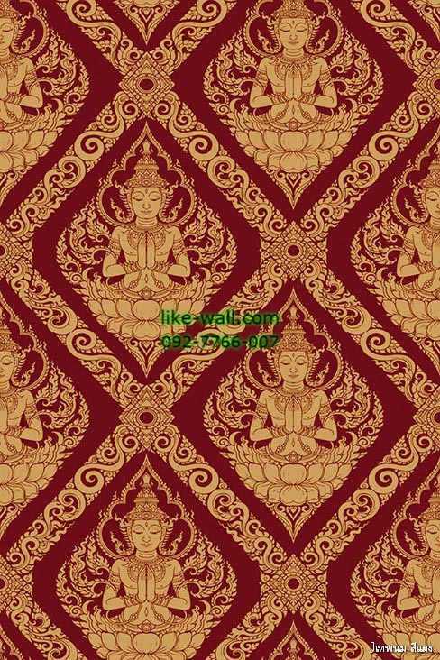 วอลเปเปอร์ ลายไทย เทพพนม สีเหลืองทอง พื้นหลังสีแดง