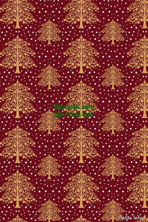 วอลเปเปอร์ ลายไทย โพธิ์เงิน โพธิ์ทอง สีเหลืองทอง พื้นหลังสีแดง