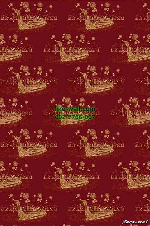 วอลเปเปอร์ ลายไทย เรือสุพรรณหงส์ สีเหลืองทอง พื้นหลังสีแดง