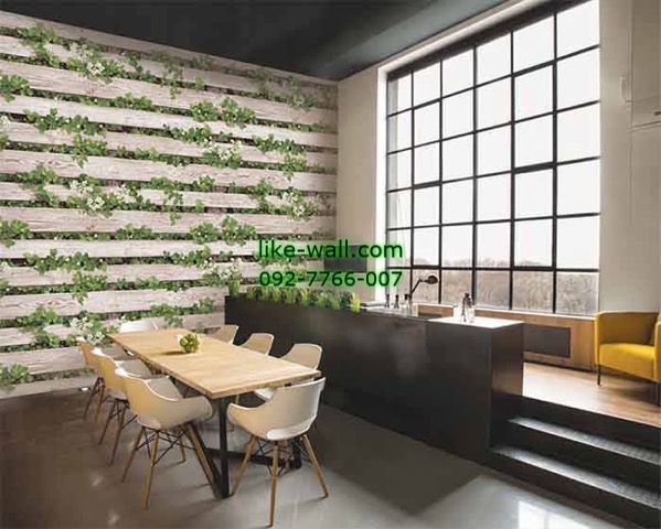 ตัวอย่างภายในห้องตกแต่งด้วย วอลเปเปอร์ ลายรั้วดอกไม้ สีน้ำตาลครีม