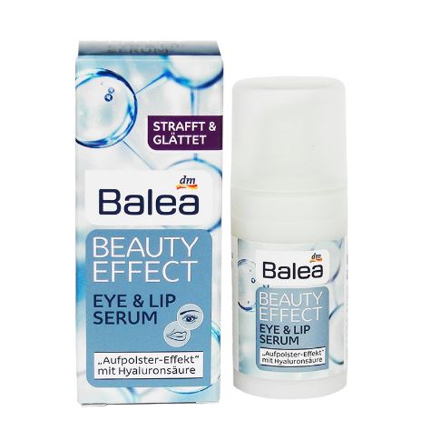 Balea Beauty Effect Eye & Lip Serum 15ml. เซรั่มลดเลือนริ้วรอยแห่งวัยบริเวณรอบดวงตาและริมฝีปาก ด้วยส่วนผสมของกรดไฮยาลูโรนิค ช่วยเติมเต็มความชุ่มชื่นให้ผิวอิ่มฟูขึ้นริ้วรอยร่องลึกดูตื้นขึ้น ผิวแลดูกระชับอิ่มสวยดูอ่นเยาว์