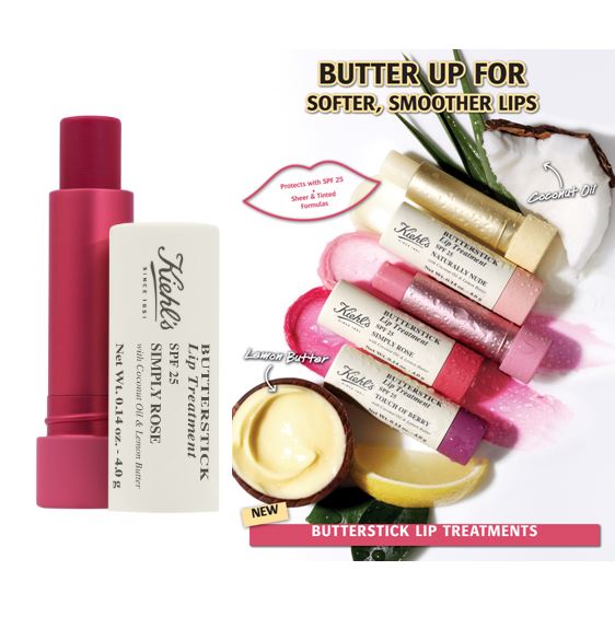 Kiehl's Butterstick Lip Treatment with SPF 25 ไซส์จริง 4.0g. สี Simply Rose ลิปทรีทเม้นออกใหม่ล่าสุด ให้โทนสีแดงระเรื่อเป็นธรรมชาติ พร้อมบำรุงริมฝีปากที่แห้งแตกด้วยส่วนผสมของน้ำมันมะพร้าวและเลมอนบัตเตอร์ ช่วยฟื้นฟูริมฝีปากที่แห้งแตก ลอก เ