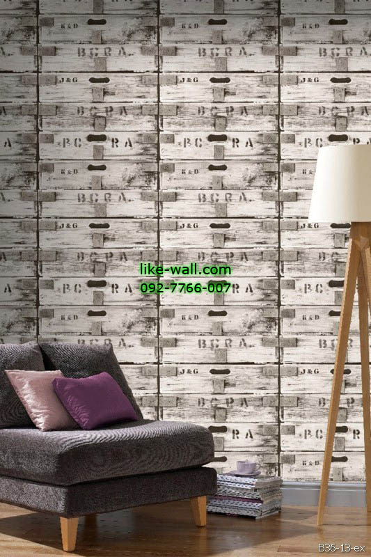 ตัวอย่างติดวอลเปเปอร์ ลายกล่องไม้ สีเทาขาว