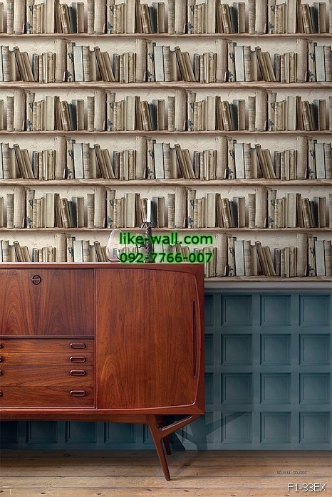 ตัวอย่างติดวอลเปเปอร์ ลายชั้นหนังสือ สีเทา