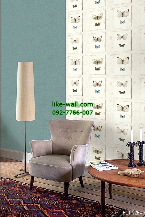ตัวอย่างภายในห้องตกแต่งด้วย วอลเปเปอร์ ลายผีเสื้อ สีฟ้า