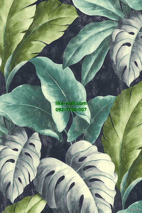 วอลเปเปอร์ ลายใบไม้ สีเขียว พื้นหลังสีน้ำเงิน