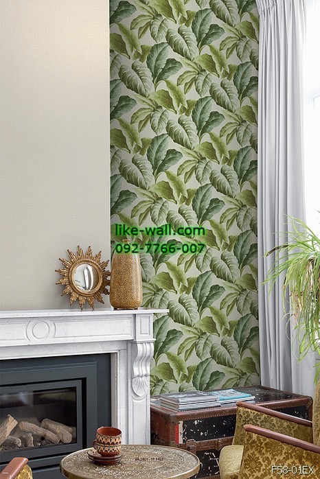 ตัวอย่างติดวอลเปเปอร์ ลายใบไม้ สีเขียว พื้นหลังสีน้ำเงิน