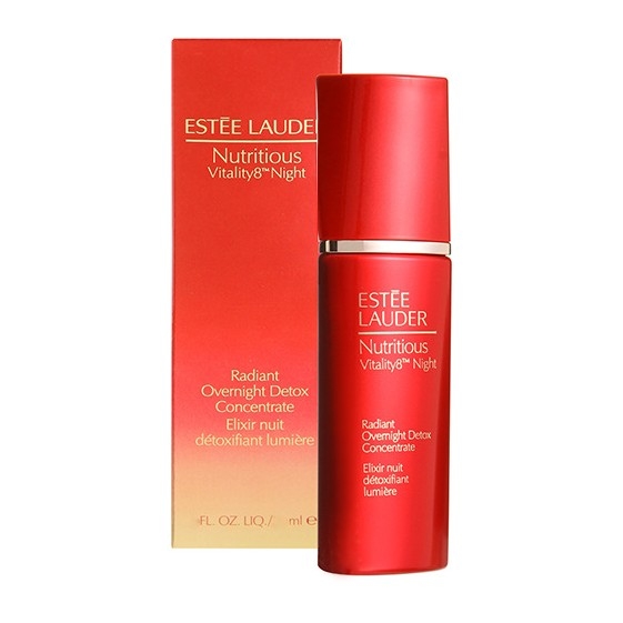 Estee Lauder Nutritious Vitality8 Radiant Overnight Detox Concentrate 30ml. ทรีตเม้นท์ที่ช่วยให้ผิวเรียบเนียน นุ่มนวลและดูสว่างกระจ่างใสขึ้นจนสังเกตได้  ทรงพลังจากคุณประโยชน์เข้มข้นของทับทิม ช่วยทำความสะอาดและขจัดสารสิ่งตกค้างบนผิวให้หมดจด เมื