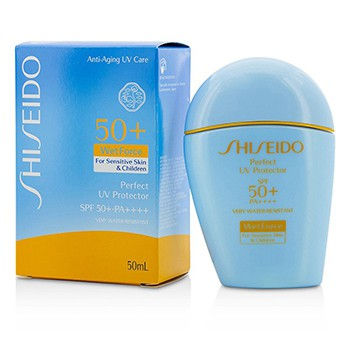 Shiseido Perfect UV Protector SPF 50+ PA For Sensitive Skin & Children 50ml. โลชั่นน้ำนมกันแดด สำหรับผิวบอบบางแพ้ง่ายและผิวเด็ก ใช้ได้ทั้งผิวหน้าและผิวกาย ให้ผิวรู้สึกสบาย ไม่เหนี่ยวเหนอะหนะ เคลือบบนผิวเมื่อเจอกับน้ำและเหงือ โดยไม่ทำให้ประ