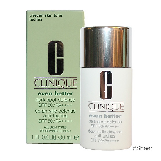 CLINIQUE Even Better Dark Spot Defense SPF 50 PA++++ # Sheer Tint 30ml. ครีมกันแดด สีเนื้อ SPF 50 สัมผัสบางเบา สูตร Oil Free ไม่เพิ่มความมัน เนื้อครีมกันแดดซึมลงสู่ผิวได้อย่างรวดเร็ว ไม่เหนียวเหนอะหนะ ให้ผิวหน้าดูสว่างกระจ่างใสขึ้น ให้การปกป้อ