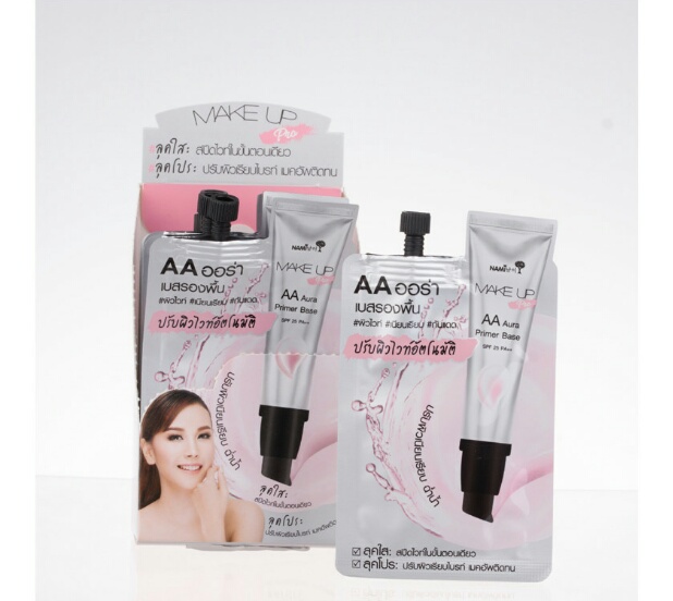 Nami Make Up Pro AA Aura Primer Base   ( แพค 6 ชิ้น )  ปกปิดจุดบกพร่อง ทั้งรอยแดงและจุดด่างดำ ปรับสีผิวให้สม่ำเสมอ เรียบเนียนขึ้น รูขุมขนดูเล็กลง เนื้อครีมจะแตกตัวเป็นหยดน้ำแร่ทันทีที่ทา บางเบา เกลี่ยง่าย ไม่หนักหน้า