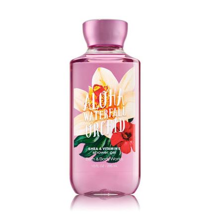 Bath & Body Works Aloha Waterfall Orchid Shea & Vitamin E Shower Gel 295ml. เจลอาบน้ำกลิ่นหอมติดกายนานตลอดวัน กลิ่นหอมโทนดอกไม้เขตร้อน ดอกชบาผสมกลิ่นมัคส์หอมนุ่มๆ น่ารักดีคะ