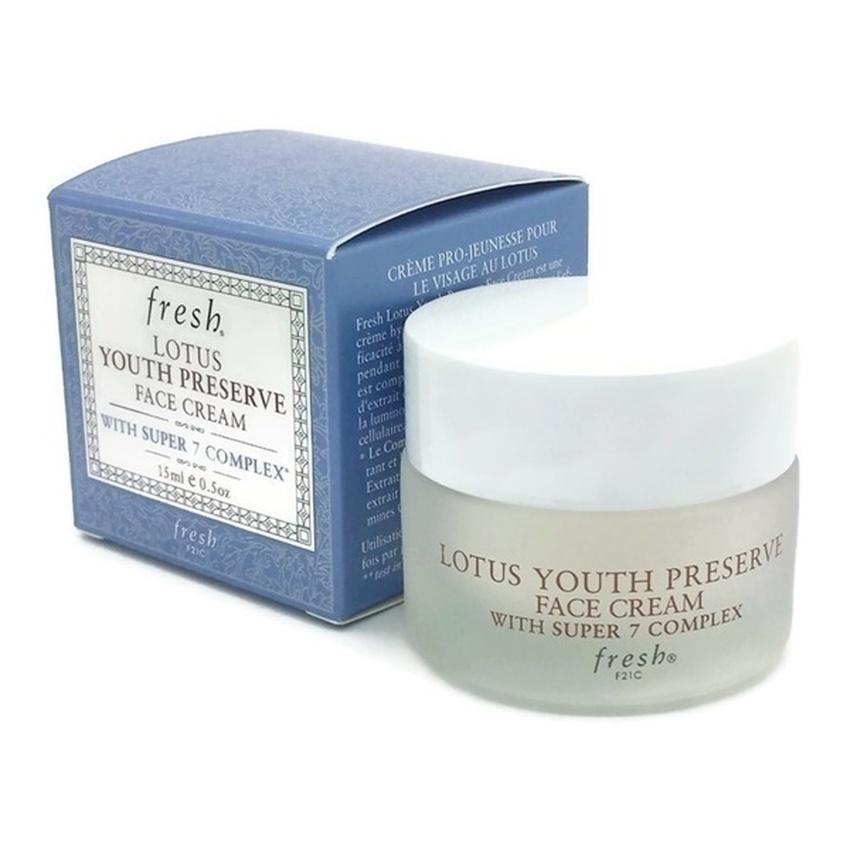 Fresh Lotus Youth Preserve Face Cream with Super 7 Complex ขนาดทดลอง 7ml. ครีมบำรุงผิวที่ช่วยต่อต้านริ้วรอยแห่งวัย สารสกัดหลักจากดอกบัว เนื้อครีมเนียนนุ่ม ละมุนผิว ช่วยลดเลือนริ้วรอย คืนความกระชับ อุดมไปด้วยสารสกัด Super 7Complex ที่จะมอบความช