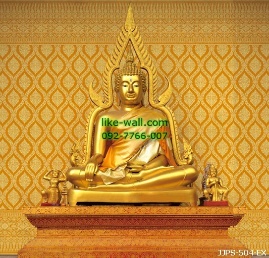 ตัวอย่างห้องพระตกแต่งด้วย วอลเปเปอร์ลายพุ่มข้าวบิณฑ์ สีเหลือง