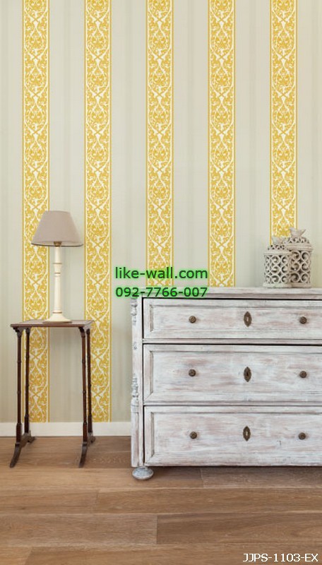 ตัวอย่างห้องตกแต่งด้วยวอลเปเปอร์ลายกนกไขว้ช่อหางโต สีขาว