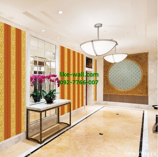 ตัวอย่างห้องตกแต่งด้วย วอลเปเปอร์ลายกนกไขว้ช่อหางโต สีเหลือง