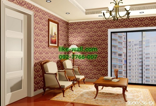 ตัวอย่างผนังห้องตกแต่งด้วย วอลเปเปอร์ลายหลุยส์ สีแดง