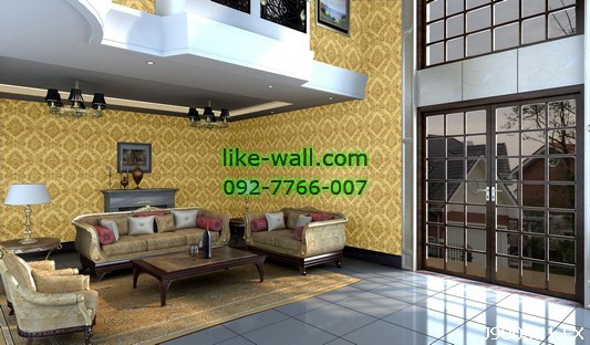 ตัวอย่างผนังภายในห้องตกแต่งด้วย วอลเปเปอร์ลายหลุยส์ สีเหลือง