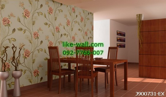ตัวอย่างผนังห้องตกแต่งด้วย วอลเปเปอร์ลายดอกไม้ สีเหลืองทอง