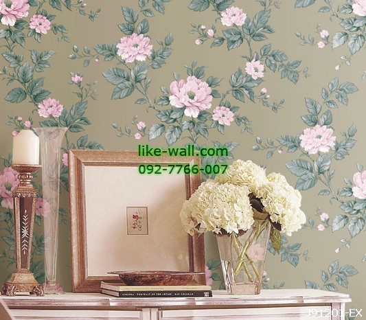 ตัวอย่างตกแต่งผนังห้องด้วยวอลเปเปอร์ลายดอกไม้ สีเทา