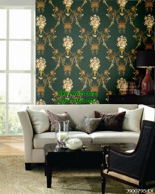 ตัวอย่างห้องตกแต่งด้วยวอลเปเปอร์ลายช่อดอกไม้ สีเขียว