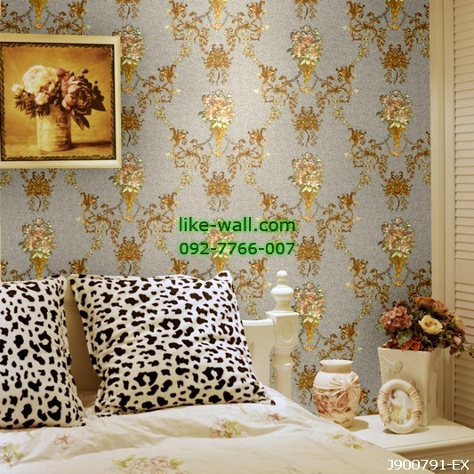 ตัวอย่างห้องตกแต่งด้วยวอลเปเปอร์ลายช่อดอกไม้ สีเทา