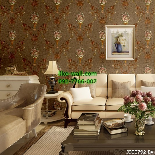 ตัวอย่างห้องตกแต่งด้วยวอลเปเปอร์ลายช่อดอกไม้ สีน้ำตาล