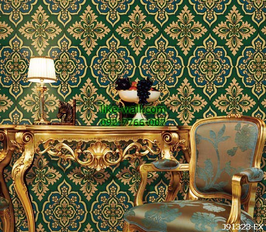 ตัวอย่างภายในห้องตกแต่งด้วยวอลเปเปอร์ลายดอกไม้หลุยส์ สีเขียว