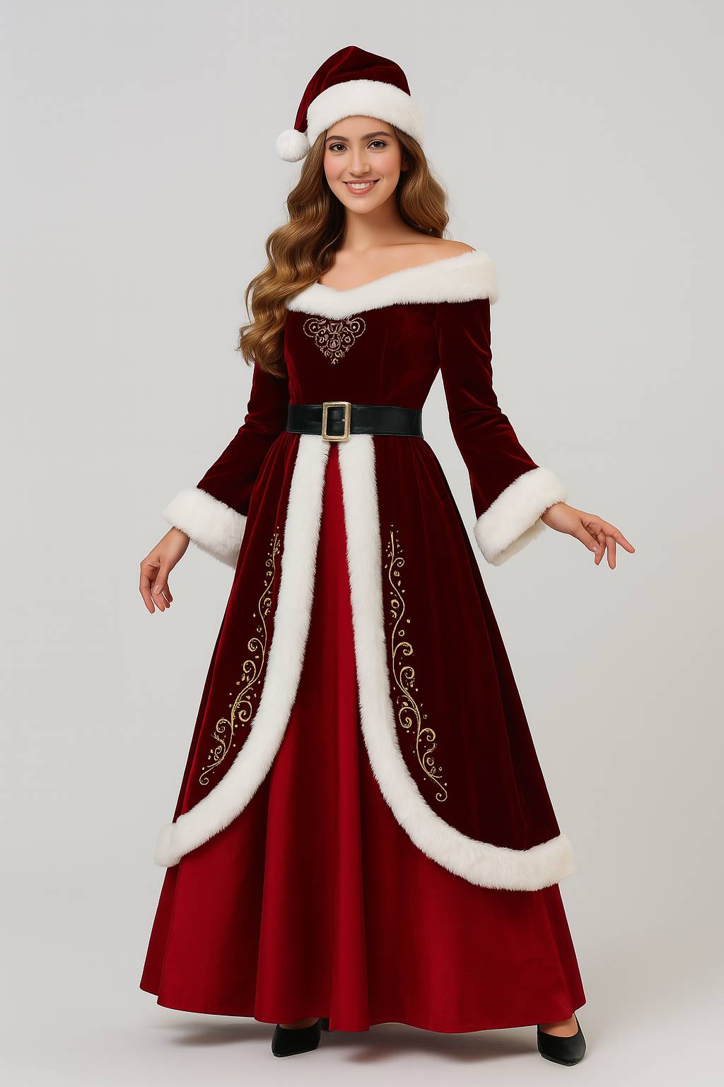 ++พร้อมส่ง++ชุดแซนตี้สีแดงเข้มทรงราตรียาว สวยอลังการสง่างาม