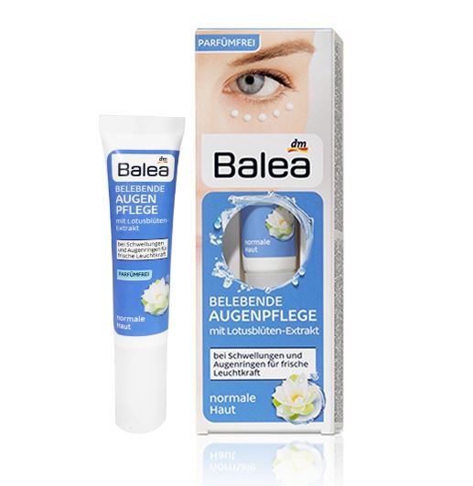 Balea Revitalizing Eye Care with Lotus Extract 15ml. ครีมบำรุงผิวรอบดวงตาช่วยฟื้นฟูผิวรอบดวงตา ลดอาการบวมของผิวและลดริ้วรอยหมองคล้ำรอบดวงตาให้แลดูสดใสขึ้น มีส่วนผสมหลักของสารสกัดจากดอกบัว ซึ่งไปอุดมด้วยสารต้านอนุมูลอิสระอันเป็นต้นเหตุแห่งริ้วร