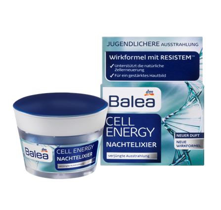 Balea Cell Energy Night Elixir 50ml. ครีมบำรุงยามคำคืน สำหรับผู้ที่เริ่มมีริ้วรอย อายุ 30-55 ปี เพิ่มพลังแห่งผิว กระตุ้นการสร้างเซลล์ใหม่ ทดแทนเซลล์ที่ถูกทำร้ายจากสภาพมลภาวะ และการเสื่อมของผิวตามกาลเวลา ลดเลือนริ้วรอยเกิดใหม่ ให้ผิวแลดูอ่อนเยา