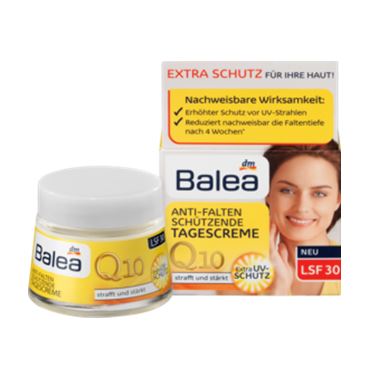 Balea Anti Wrinkle Q10 Day Cream SPF 30 ขนาด 50ml. ครีมบำรุงในตอนเช้า ช่วยป้องกันแสงแดด ค่า SPF30 ด้วยสูตรเข้มข้นของส่วนผสมเปี่ยมประสิทธิภาพของ Q10  โอเมก้า น้ำมันเมล็ดคำฝอย วิตามินอี และ โปรวิตามินบี5 สำหรับผิวที่เริ่มมีริ้วรอยตามวัย ช่วยบำรุ