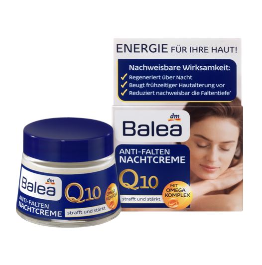 Balea Anti Wrinkle Q10 Night Cream ขนาด 50ml. ครีมบำรุงยามคำคืน ด้วยสูตรเข้มข้นของส่วนผสมเปี่ยมประสิทธิภาพของ Q10  โอเมก้า น้ำมันเมล็ดคำฝอย วิตามินอี และ โปรวิตามินบี5 สำหรับผิวที่เริ่มมีริ้วรอยตามวัย ช่วยบำรุงฟื้นฟูปกป้องผิวให้ชุ่มชื่น นุ่มนว