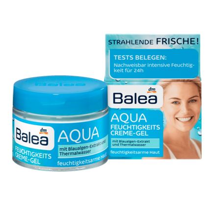 Balea Aqua Moisturizing Cream Gel 50 ml. มอยเจอร์ไซส์เข้มข้น สำหรับเติมน้ำให้กับผิว เนื้อเจล บางเบาซึมซาบเร็วไม่เหนียวเหนอะหนะ หรือทิ้งความมันไว้บนผิว ผิวชุ่มชื่นยาวนาน24 ชั่วโมง บำรุงผิวที่แห้งเสียให้กลับมีน้ำมีนวล เรียบเนียน ให้เครื่องสำอางต