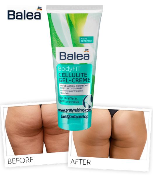 Balea BodyFIT Cellulite Gel-Creme 200ml. เจลสลายเซลลูไลท์ จากประเทศเยอรมัน ช่วยให้ผิวเรียบเนียนและอ่อนนุ่ม เพิ่มความยืดหยุ่นให้ผิว มีส่วนผสมของคาเฟอีน, สารสกัดจากมะนาวและสารสกัดจากไม้ไผ่ ช่วยกระตุ้นน้ำที่อยู่ใต้ผิวหนังเพื่อยังยั้งการเกิดของเซล