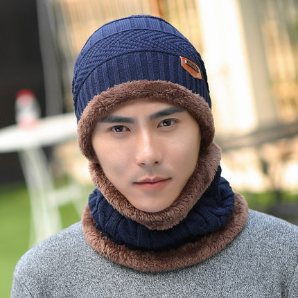 (พร้อมส่งสีกรมท่า) หมวกไหมพรมกันหนาว+ผ้าพันคอกันหนาวผู้ชาย
