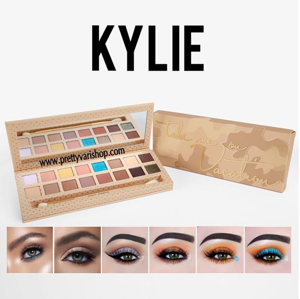 **พร้อมส่ง**Kylie Take Me On Vacation Eyeshadow Palette พาเลทอายชาโดว์ 16 สี รุ่นลิมิเต็ดอิดิชั่น ที่รวมเอาอายชาโดว์เนื้อเนียน สีแน่นในโทนนู้ดน้ำตาลแมตต์และชิมเมอร์ใหม่ๆ ไว้กับสีสันสดใสสไตล์หน้าร้อน ในพาเลตต์ดีไซน์ร้อนแรงสีทอง พร้อมกับแปรงสองหัว