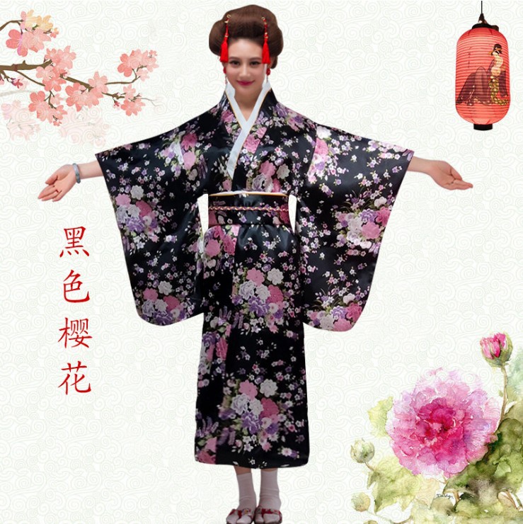 ++พร้อมส่ง++ชุดกิโมโนยาว กิโมโนญี่ปุ่นยาว สีแดงเข้มอมม่วงลายสวย พิมพ์ลายดอกไม้น่ารัก 