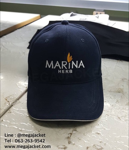 ตย.งานลูกค้า หมวก Cap ผ้าพีช  สีกรม  มาริน่าเฮิร์ป Marina Herb  รับทำหมวกปักพรีเมียม   โทร 093-632-6441
