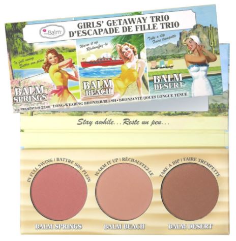 The Balm Girls' Getaway Trio Long Wearing Bronzer/Blush พาเลทบรอนเซอร์และปัดแก้มในตลับเดียว เนื้อแมตท์ 3 เฉดสี เพิ่มมิติโดดเด่นให้กับใบหน้า เม็ดสีแน่น เด่นชัด ติดทน เกลี่ยง่าย กลืนเนียนไปกับผิวได้เป็นอย่างดี ปรับโครงหน้าให้เรียวเล็ก จมูกโด่