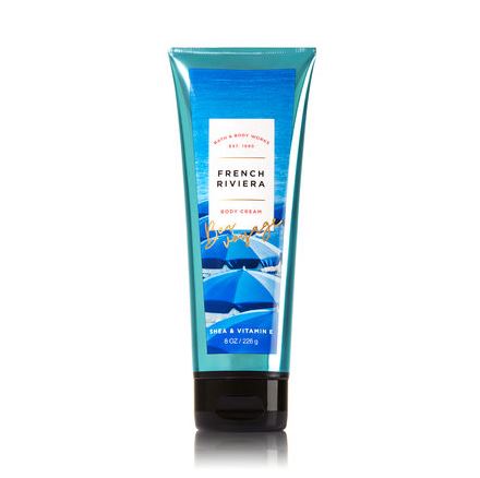 Bath & Body Works French Riviera Shea & Vitamin E Body Cream 226g. ครีมบำรุงผิวสุดเข้มข้น มีกลิ่นหอมติดทนนาน ด้วยกลิ่นหอมหรูมีระดับสไตล์เมืองปารีส กลิ่นหอมเย็นสดชื่น กลิ่นแอร์รี่มหาสมุทร ผสมกับกลิ่นดอกมะลิและมัสค์นุ่มๆ เป็นความหอมสดชื่