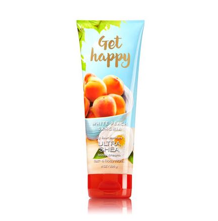 Bath & Body Works Get Happy White Peach Sangria Shea & Vitamin E Body Cream 226g. ครีมบำรุงผิวสุดเข้มข้น มีกลิ่นหอมติดทนนาน ด้วยกลิ่นหอมแนวฟรุ๊ตตี้ กลิ่นพีชผสมกลิ่นส้ม หอมสดชื่นเหมือนน้ำผลไม้หอมๆเลยค่ะ