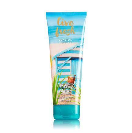 Bath & Body Works Live Fresh 24 Hour Moisture Ultra Shea Body Cream 226g. ครีมบำรุงผิวสุดเข้มข้น มีกลิ่นหอมติดทนนาน ด้วยกลิ่นหอมสดชื่นดั่งรับอากาศบริสุทธิ์จากท้องทะเล ผสมกลิ่นหอมละมุนๆของมะพร้าว