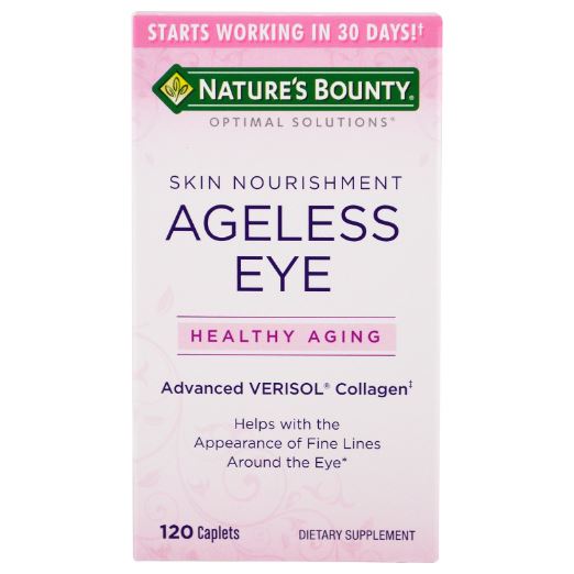 Nature's Bounty Optimal Solutions Ageless Eye Verisol Collagen, 120 Caplets วิตามินลดตีนกา ขายดีมากในอเมริกา เห็นผลจริงใน 1 เดือน วิตามินสำหรับผิวรอบดวงตาโดยเฉพาะ แก้ปัญหาริ้วรอยรอบดวงตา รอยตีนกา ผิวรอบดวงตาไม่กระชับ ดวงตาที่อิดโรย จะกลับ