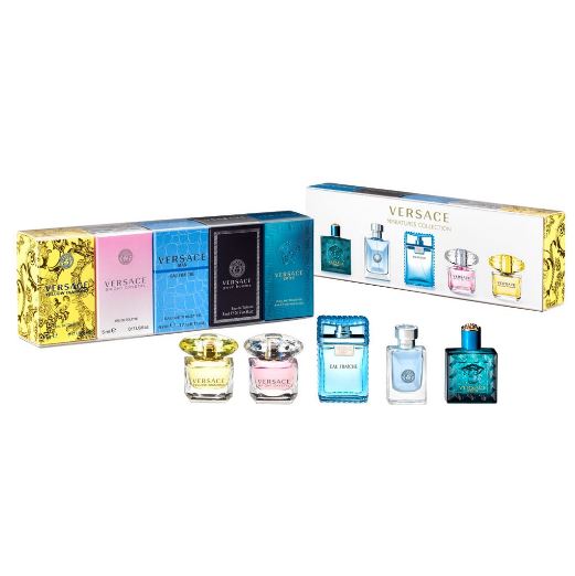 Versace Miniatures Collection 2017 For Men and Women ชุดเซ็ทน้ำหอม 5 กลิ่น เป็นเซ็ทที่รวมกลิ่นน้ำหอมขายดีของผู้หญิง 2 กลิ่น และน้ำหอมกลิ่นสำหรับผู้ชาย 3 กลิ่น หอมหรูหราโดดเด่นเป็นเอกลักษณ์ สไตล์ Versace สร้างเสน่ห์ติดตรึงไม่รู้เลือน ขนาดพกพา 5