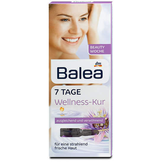 Balea 7 tage Wellness-Kur (7 Days Ampoules Treatment Wellness Program) 7 x 1 ml. แนะนำสำหรับผิวอายุ 40-60 ปี เซรั่มผสมน้ำมันเข้มข้น มีส่วนผสมของน้ำมันอาร์แกน, ไฮยาลูรอนเข้มข้น โปรวิตามินบี 5 เหมาะสำหรับผิวที่ขาดความชุ่มชื่น ทำให้ผิวที่มีริ้วรอย 