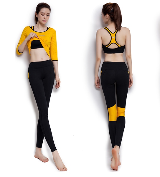 **พร้อมส่ง size  M /L/XL สีเหลือง ชุดออกกำลังกาย/โยคะ/ฟิตเนส เสื้อแขนยาว+บรา+กางเกงขายาว